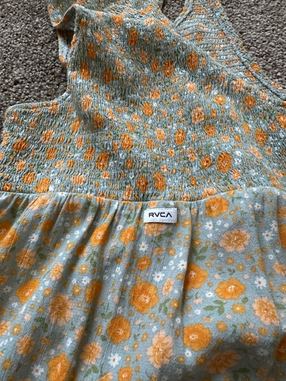 RVCA Floral Mini Dress XS Green Orange Smocked Bodice - Picture 8 of 11